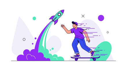 Boy On Skateboard Chasing Rocket With Abstract Background And Modern Illustration