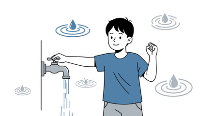 Boy opening a tap and water pouring, drop and ripple concept illustration, simple drawing