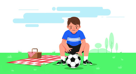 Boy Playing Soccer Alone With Picnic Basket Amidst Nature's Tranquil Atmosphere