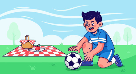 Boy Playing Soccer In A Park Beside A Picnic Basket And Apple on Sunny Day