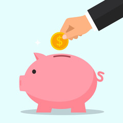 Close-up of a person's hand inserting a coin into a piggy bank, symbolizing saving money and financial planning