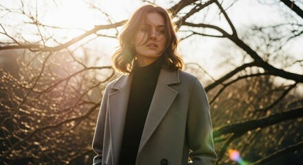 Young caucasian female in gray coat amidst sunlit bare trees at sunset