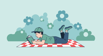 Boy Reading A Book, Enjoying Leisure Time On Picnic Blanket In The Park Illustration