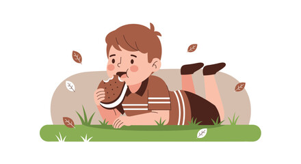 Boy Relaxes Outdoors Enjoying Delicious Biscuit With Sweet Cream With Autumn Decorations