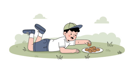 Boy Relaxes Outdoors, Reaching For Cookies From A Plate On The Grass, Enjoying Dessert