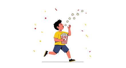 Boy Running With Popcorn, Catching Corn, Happy Movie, Snack Time, Isolated Illustration