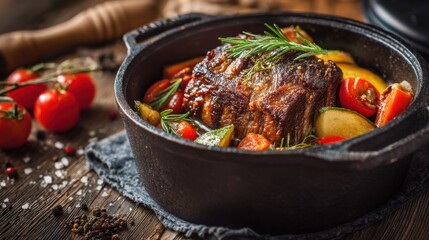 A delicious roast is surrounded by colorful seasonal vegetables, all cooked together in a cast iron pot, ready for Sunday dinner. Aromatic herbs add flavor to this hearty meal.