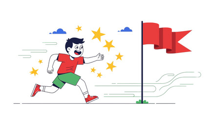 Boy Running Toward Flag Achieving Success and Reaching Personal Highest Goals