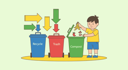 Boy Sorting Waste Into Recycle, Trash, And Compost Bins For Environmental Care