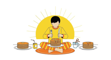 Breakfast Time: Child Ready To Eat Pancakes Against A Sunburst Background