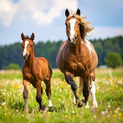 Two horses, a mother and foal, running across a field of wildflowers