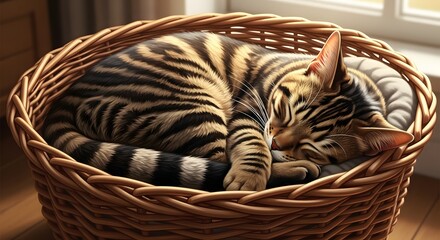 Tabby cat sleeping peacefully in woven basket serene comfort and relaxation