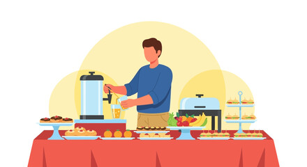 Buffet Service Illustration Depicting Catering, Snacks, Beverage Dispenser, Food Presentation