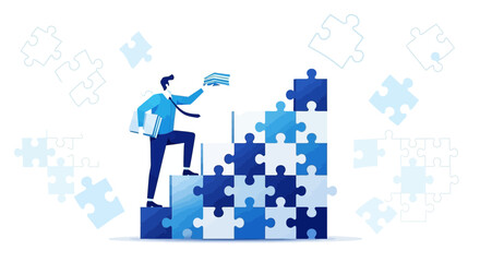 Building Solutions: Businessman Assembles Puzzle, Achieving Success or Goal, Conceptual Metaphor