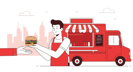 Burger Vendor Offers Freshly Made Sandwich From Food Truck In Cityscape Setting