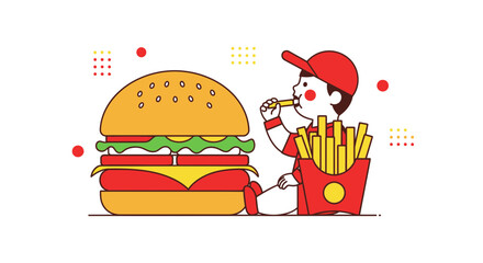 Burger And Fries Meal: A Delightful Illustration Of Fast Food And A Happy Eater
