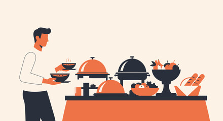 Buffet Service Illustration Featuring Person Holding Plates and Variety of Food Items