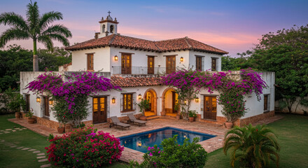 Luxurious Spanish Colonial Villa With Private Pool and Vibrant Bougainvillea at Sunset