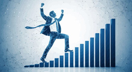 Business Achievement Depicted With An Upward Arrow Climber And Increasing Bars