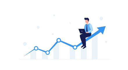 Business Analysis: Man On Growth Arrow Using Laptop Shows Positive Economic Trend