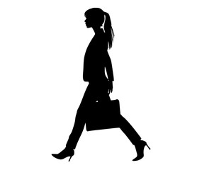 a silhouette of a woman walking with a bagbag, black, briefcase, girl, ponytail, profile, shopping bag, walk, woman 