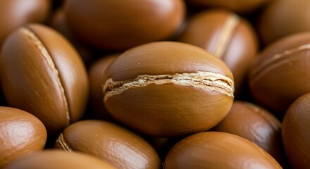 Close up of argan nuts textured brown seeds in natural light