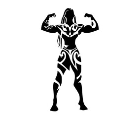a stylized silhouette of a muscular man with tribal tattoosarm, athletic, black, bodybuilder, boxer, illustration, man, martial, muscle, pose, profile, punch, warrior 