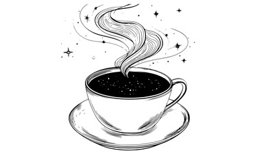 a black and white drawing of a cup of coffee with steam rising from itbeverage, black, coffee, coffee cup, cup, draw, hot, illustration, liquid, saucer, star, steam 
