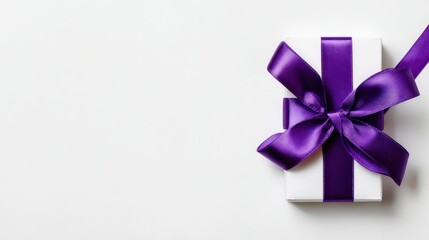Beautifully presented gift box is placed against a clean white background, showcasing a stunning purple ribbon and bow.