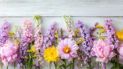 A vibrant display of various flowers including peonies, daisies, and lupines arranged neatly against a rustic wooden backdrop, capturing the essence of spring.