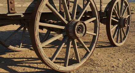 Obraz premium Close up of antique wagon wheels in a desert environment against soft focus background