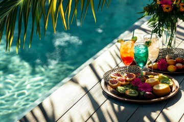Exotic Fruits and Drinks on Poolside Table in Summer Sunlight