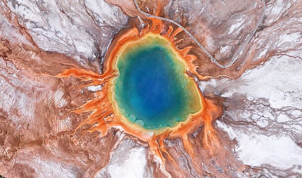 Yellowstone Hot Springs: High-Resolution Aerial View of the Grand Prismatic Spring Colors