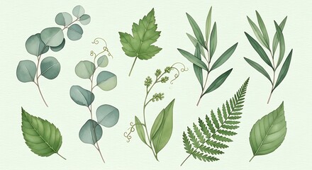 Collection of Various Greenery Leaves and Branches.