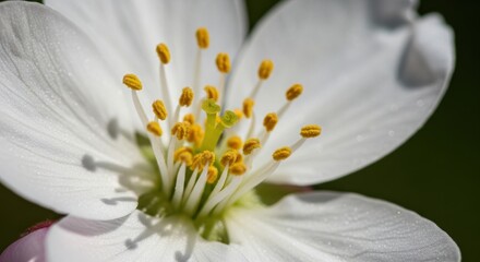 Close-up of white cherry blossom with yellow stamens in full bloom