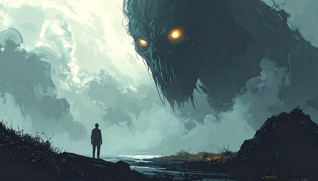 Dramatic art showcasing a lone figure confronting a colossal ominous entity in a surreal landscape