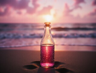 refreshing pink lemonade in bottle on sandy beach during golden hour sunset | summer, vacation, beverage, relax, refreshing theme