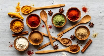 A vibrant array of spices in wooden bowls and spoons, creating a colorful and aromatic composition on a rustic wooden surface
