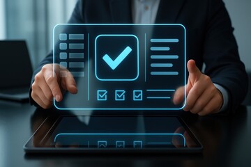 Businessman holding holographic checklist approval interface above tablet 
