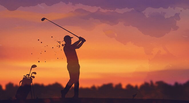 Golfer silhouette swinging club against vibrant sunset sky background