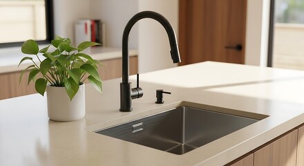Modern Kitchen Sink with Black Faucet.