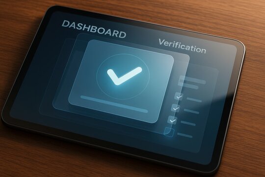 Tablet with holographic verification check mark interface on digital dashboard