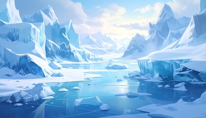 A serene, icy landscape showcases majestic, snow-capped mountains meeting a tranquil, glacial lake.