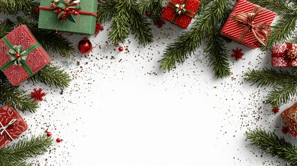 Solid white background with Christmas fir branches, colorful gift boxes with green ribbon, red decoration, sparkles and confetti upper right and left corner. Flat lay, top view. Document background.