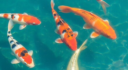 Colorful koi fish swimming in clear blue water serene natural beauty