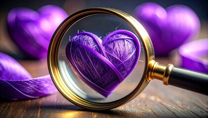 Magnifying Glass Focusing on a Purple Heart Crafted From Yarn