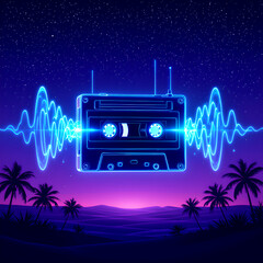 “Neon Blue Cassette Emitting Radiant Sound Waves with Palm Tree Silhouettes Against Purple Sky and Pink Horizon in Tropical Retro-Futuristic Synthwave Style”