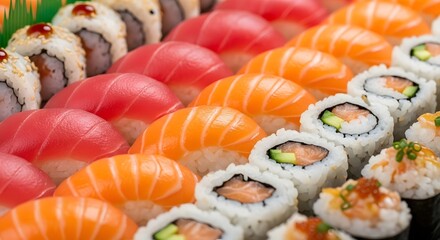 Assortment of Fresh Sushi Rolls and Nigiri Perfect for Culinary Delights