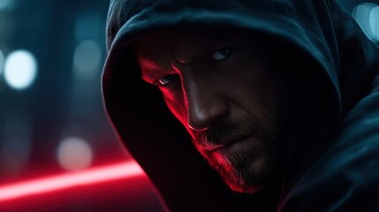 Hooded figure with intense gaze in cyberpunk setting, symbolizing cybercrime and anonymity, against a red and blue neon-lit backdrop.