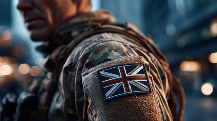 A soldier's camouflage sleeve with a UK flag patch, symbolizing patriotism and military pride, stands in an urban setting, capturing authority and defense themes.